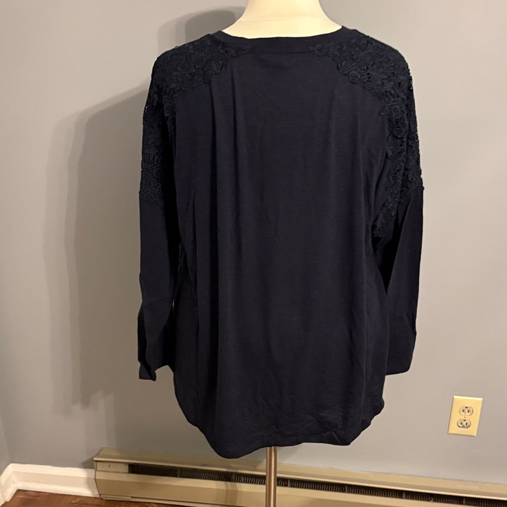 Lane Bryant Black Crew Neck Long Sleeve Sweater with Lace Shoulders - Picture 5 of 7